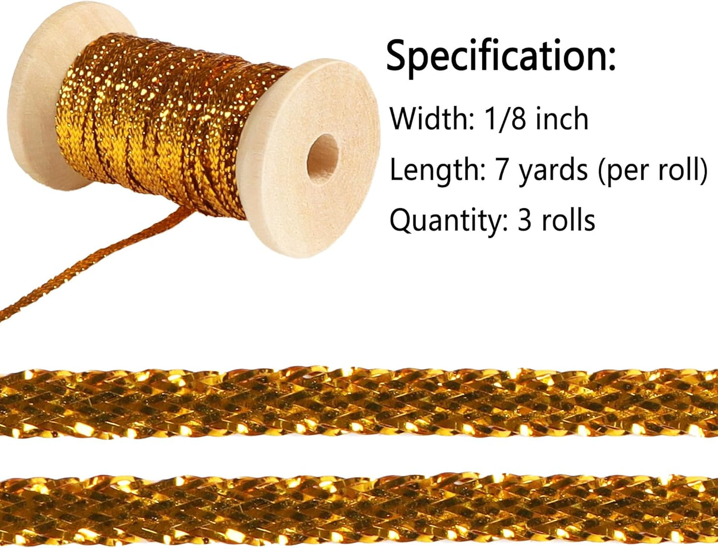 Gold Thin Ribbon 1/8 inch Metallic Braided Double Faced Ribbons Curling Ribbons for Balloon String Crafts Gift Wrapping Party Wedding Christmas Ornaments Decoration 7 Yard x 3 Rolls