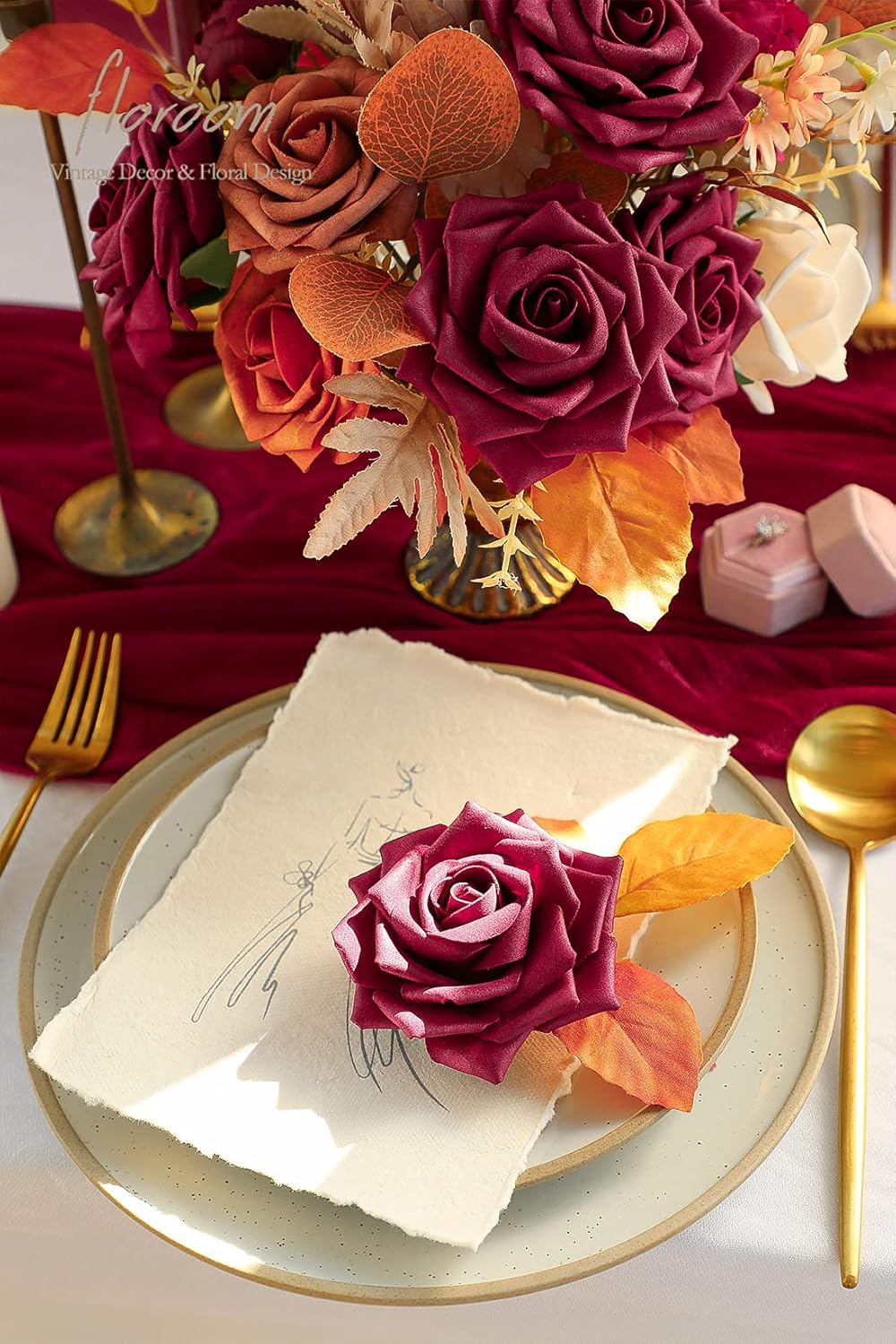 Floroom Artificial Flowers 16pcs 3.5" Real Looking Burgundy Foam Fake Hybrid Tea Roses with Stems for DIY Red Wedding Bouquets Bridal Shower Centerpieces Floral Arrangements Party Tables Decoration