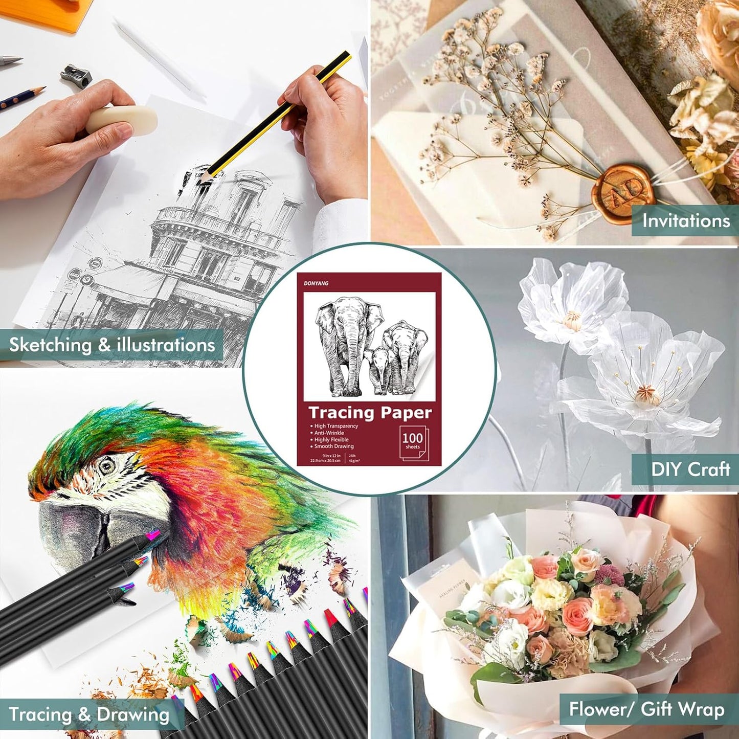 Tracing Paper 9x12 inch, 100 Sheets Transparent Vellum Paper for Tracing Pads, Translucent Tracing Paper for Pencil, Marker and Ink - Trace Images, Sketch, Preliminary Drawing, Overlays, Red