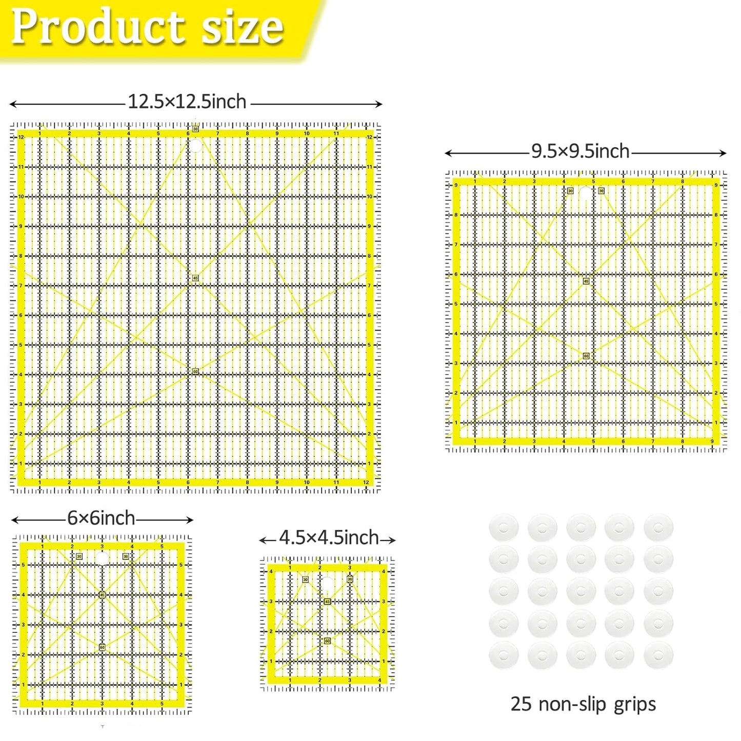 Quilting Rulers, Acrylic Quilt Ruler,4 Square Fabric Cutting Ruler (4.5"X4.5", 6"X6", 9.5"X9.5", 12.5"X12.5"), Quilting Templates with Non Slip Rings. (Yellow)