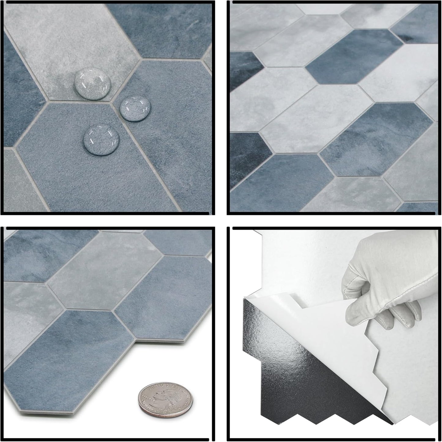 The Tiles Plaza 10-Sheet Peel and Stick Backsplash, Blue Cement Long Hexagon Self Adhesive Wall Tile, Stone Composite Stick On Decorative Mosaic Tile for Kitchen Bathroom Fireplace