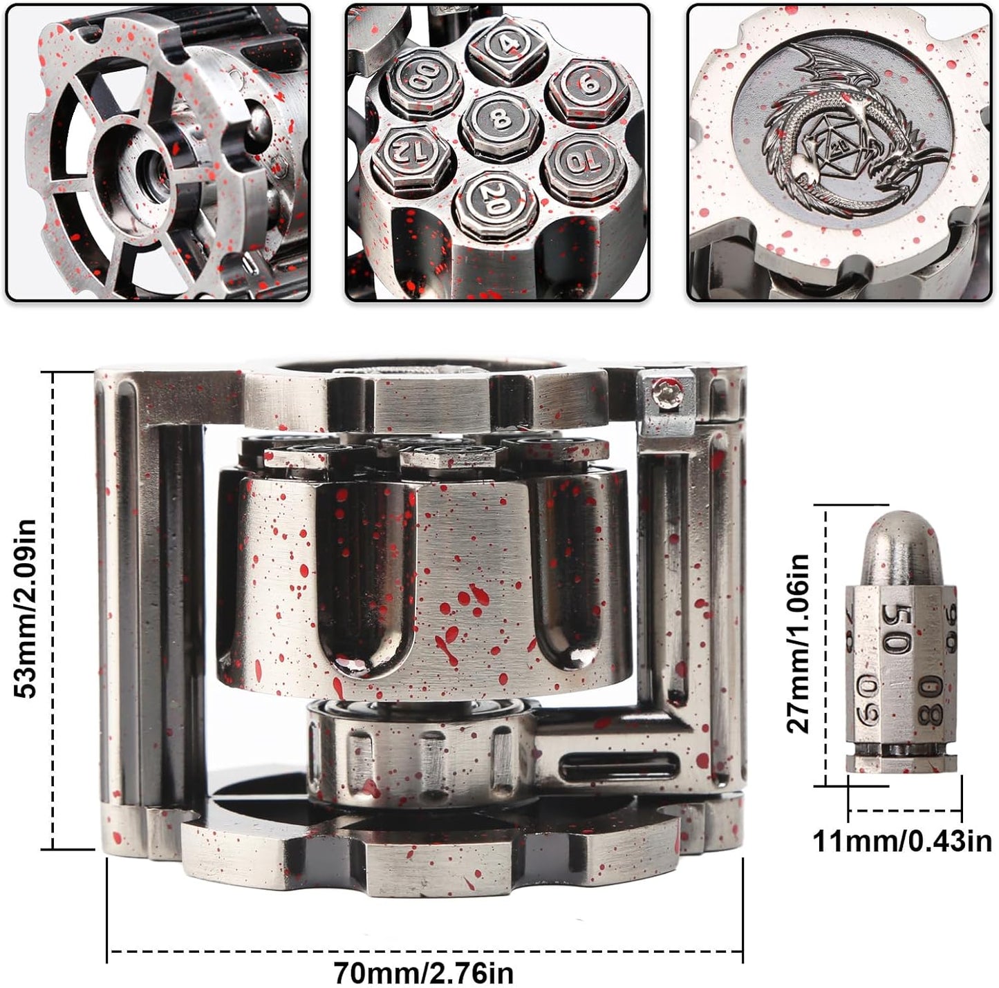Bullet Dice, Revolver Bullet Metal Dice Set with Spinning Revolver Cylinder Container & Seven Polyhedron Dices for Sci-Fi, War, Crime Theme Tabletop Games