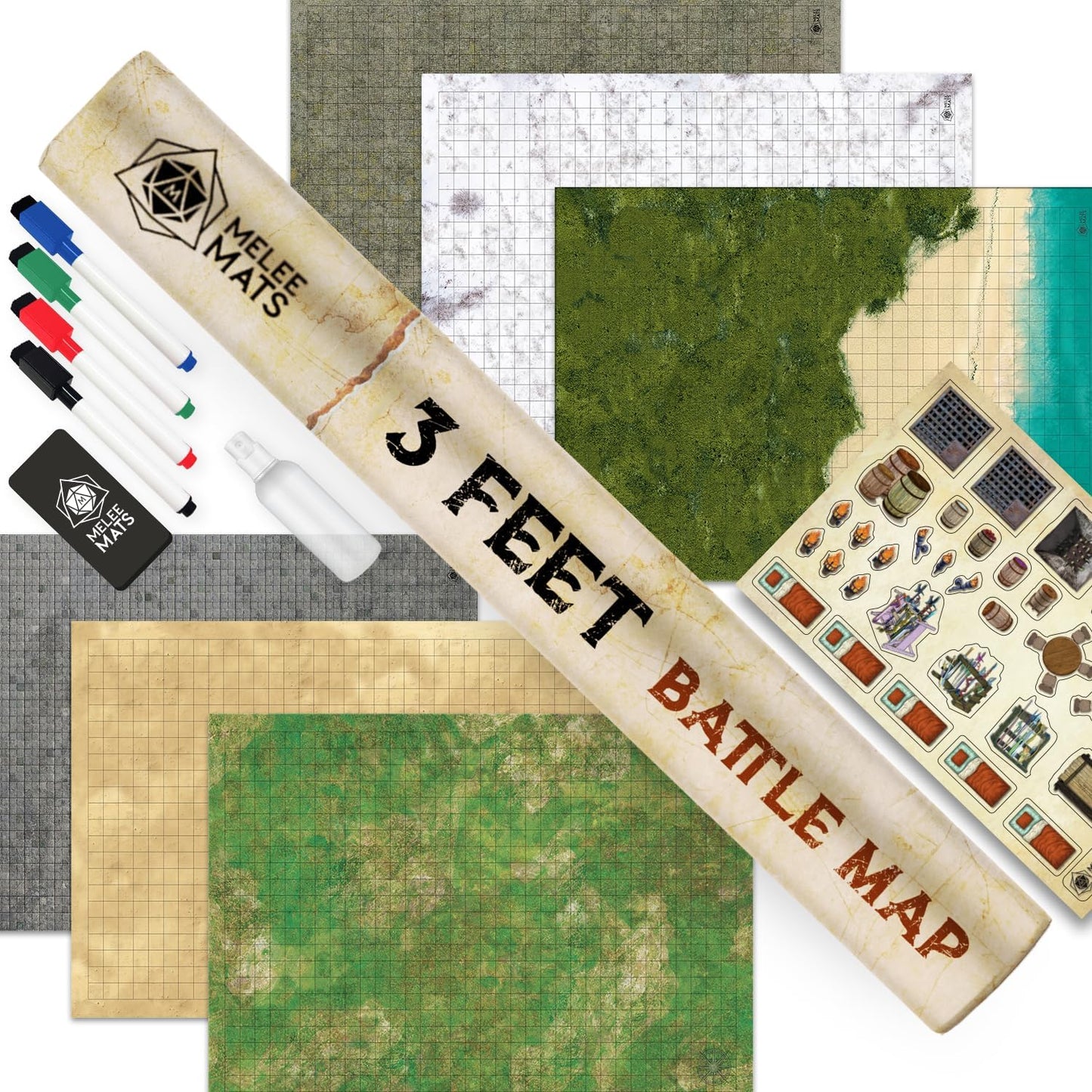 Melee Mats DND Map Starter Kit for Dungeons & Dragons Game - 24” x 36" 3 Pack Double Sided, Wet/Dry Erase Battle Terrain Grid - Ultimate Tabletop Board Gaming Experience with Accessories