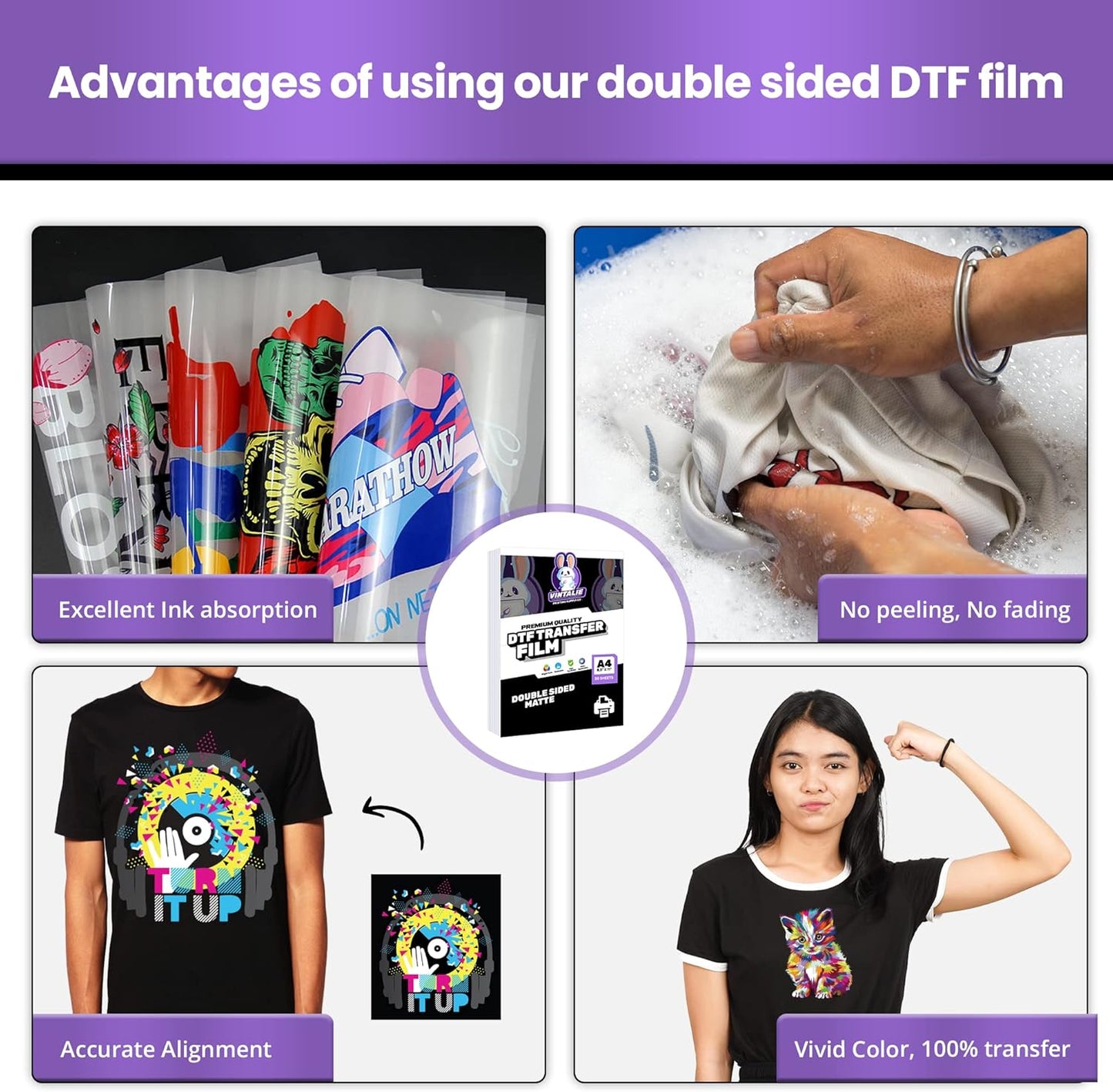 Vintalie DTF Transfer Film – A4 (8.5”x11”)50 Sheets Premium Matte Double Sided DTF Film PET Transfer Paper Direct to T Shirts