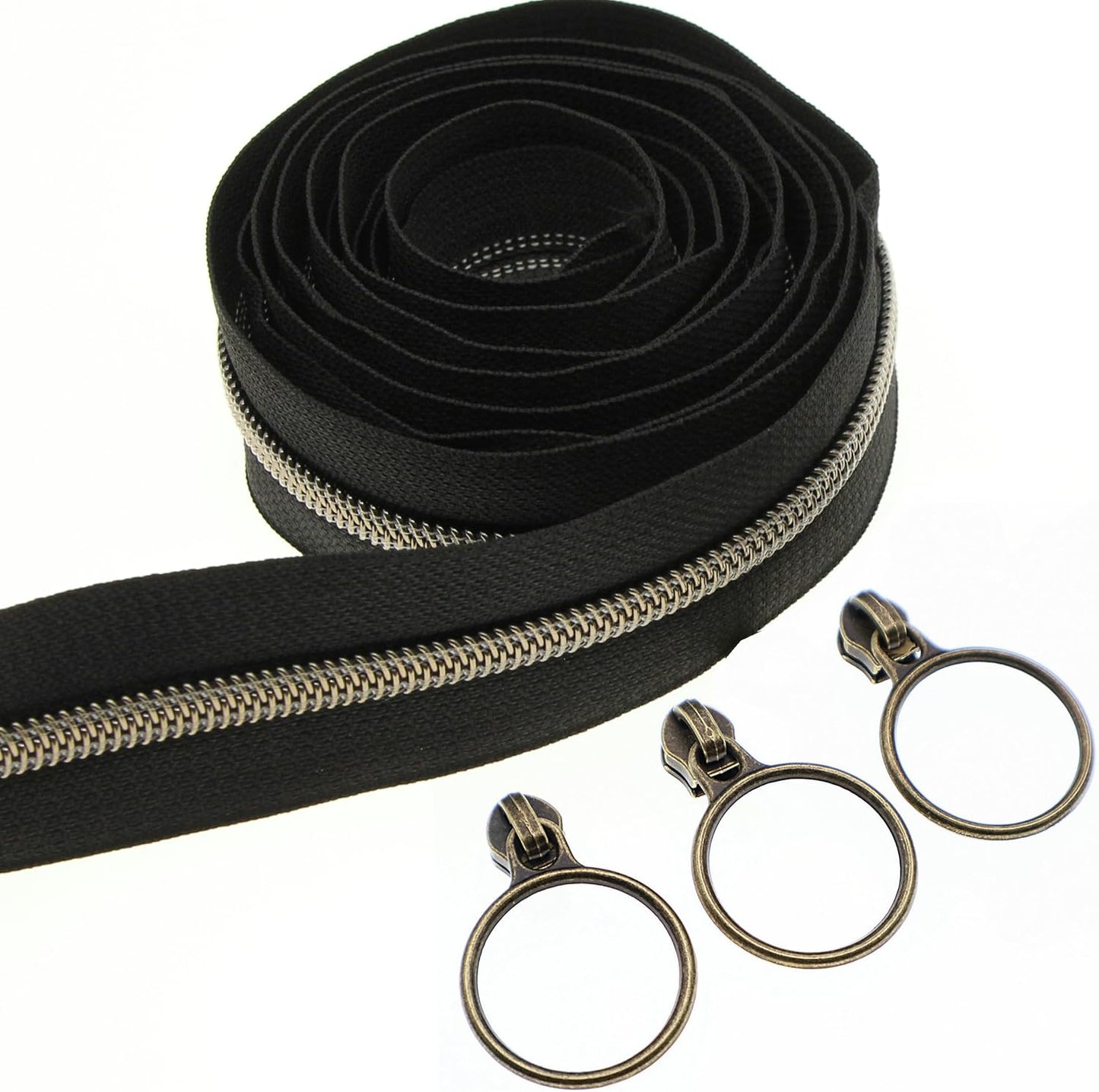 Leekayer 5# Black Nylon Zipper Tape Brass Teeth 10 Yards Continuous Zipper with 25 pcs Ring Pull Silders Bulk(Antique Brass)