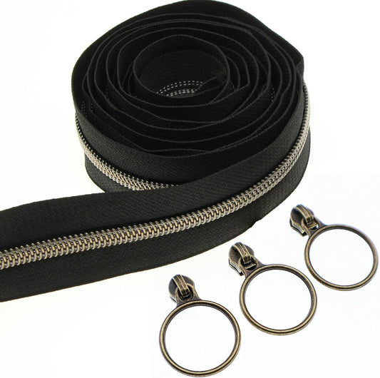Leekayer 5# Black Nylon Zipper Tape Brass Teeth 10 Yards Continuous Zipper with 25 pcs Ring Pull Silders Bulk(Antique Brass)