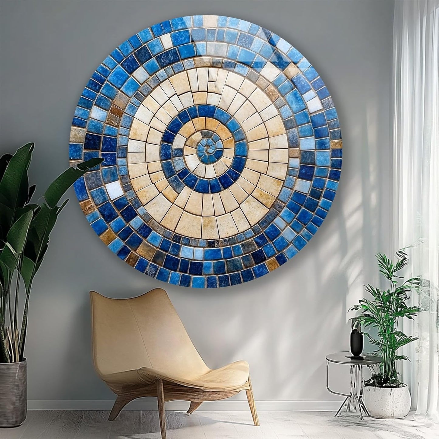 My Photostation.com 31.5''(80cm) Diameter Coastal Sunburst Beige & Blue Round Glass Wall Art Tempered Glass Printing Wall Decor Large Wall Art Wall Hangings