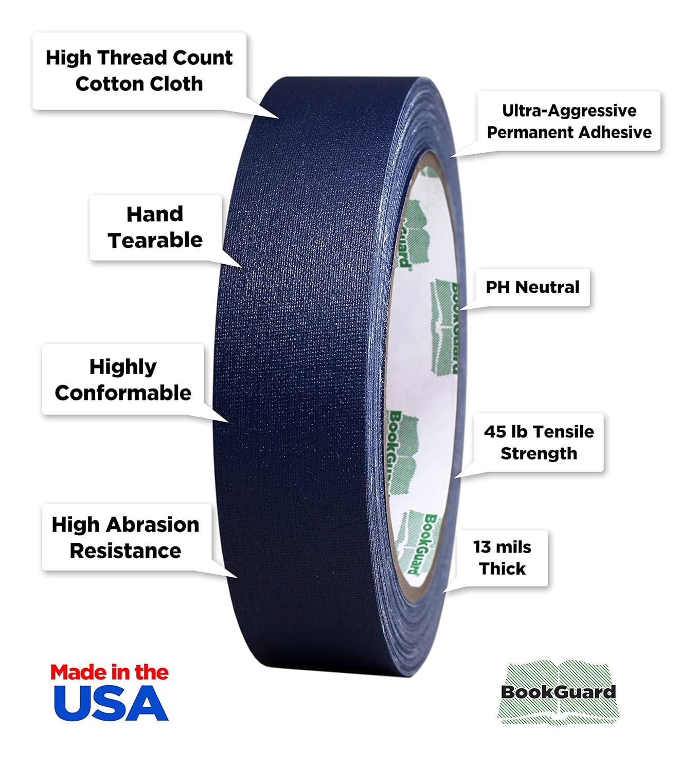 BookGuard 1 Inch Premium Bookbinding Repair Cloth Tape, 15 Yard Roll, Navy Blue