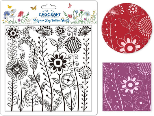 CHGCRAFT Abstract Wildflowers Polymer Clay Texture Sheets Geometric Flowers Silicone Stamp Clay Texture Mat Modeling Pattern Pad Texture Sheets for Jewelry and Clay Earrings Tools, 5.5x5.5 inch