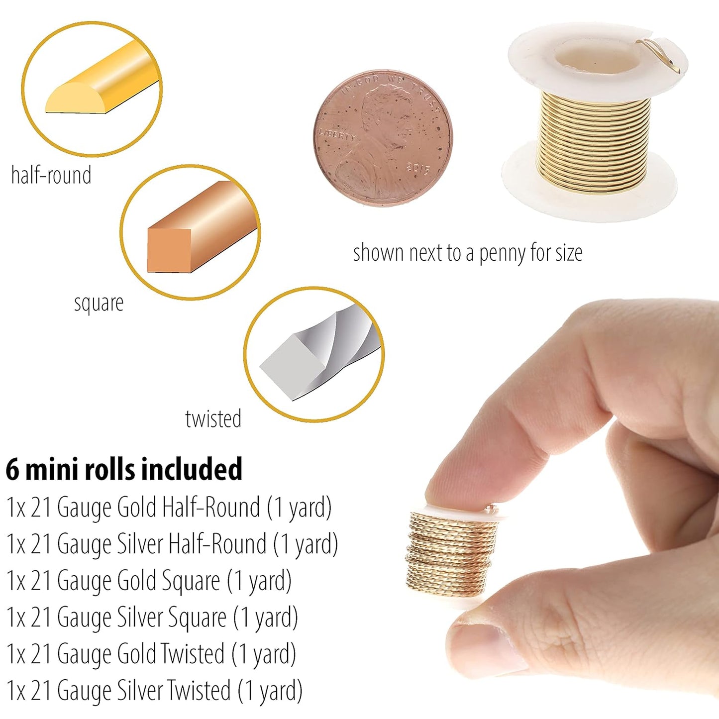The Beadsmith Craft Wire Assortment - Tarnish-Resistant Copper Wire for Jewelry Making, 21 Gauge, 6-Pack, 0.75-Inch Mini Spools, 2 Yd Each, Assorted Colors & Shapes, Medium Temper