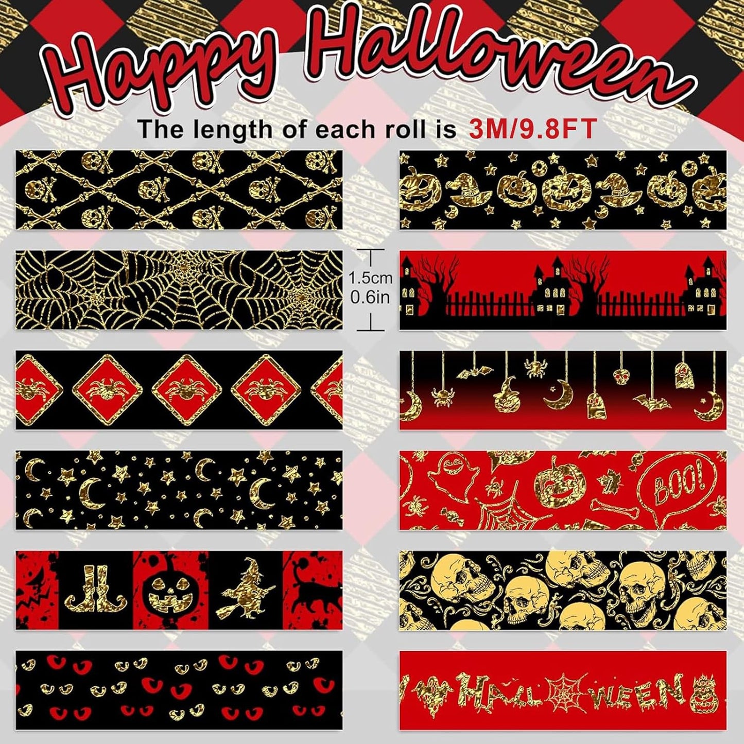 Whaline 12 Rolls Halloween Washi Tapes Red Black Foil Gold Decorative Tapes Skull Spider Web Pumpkin Pattern Masking Tapes for Halloween Scary Scrapbook Journal DIY Craft Gift Wrapping, 9.8Ft