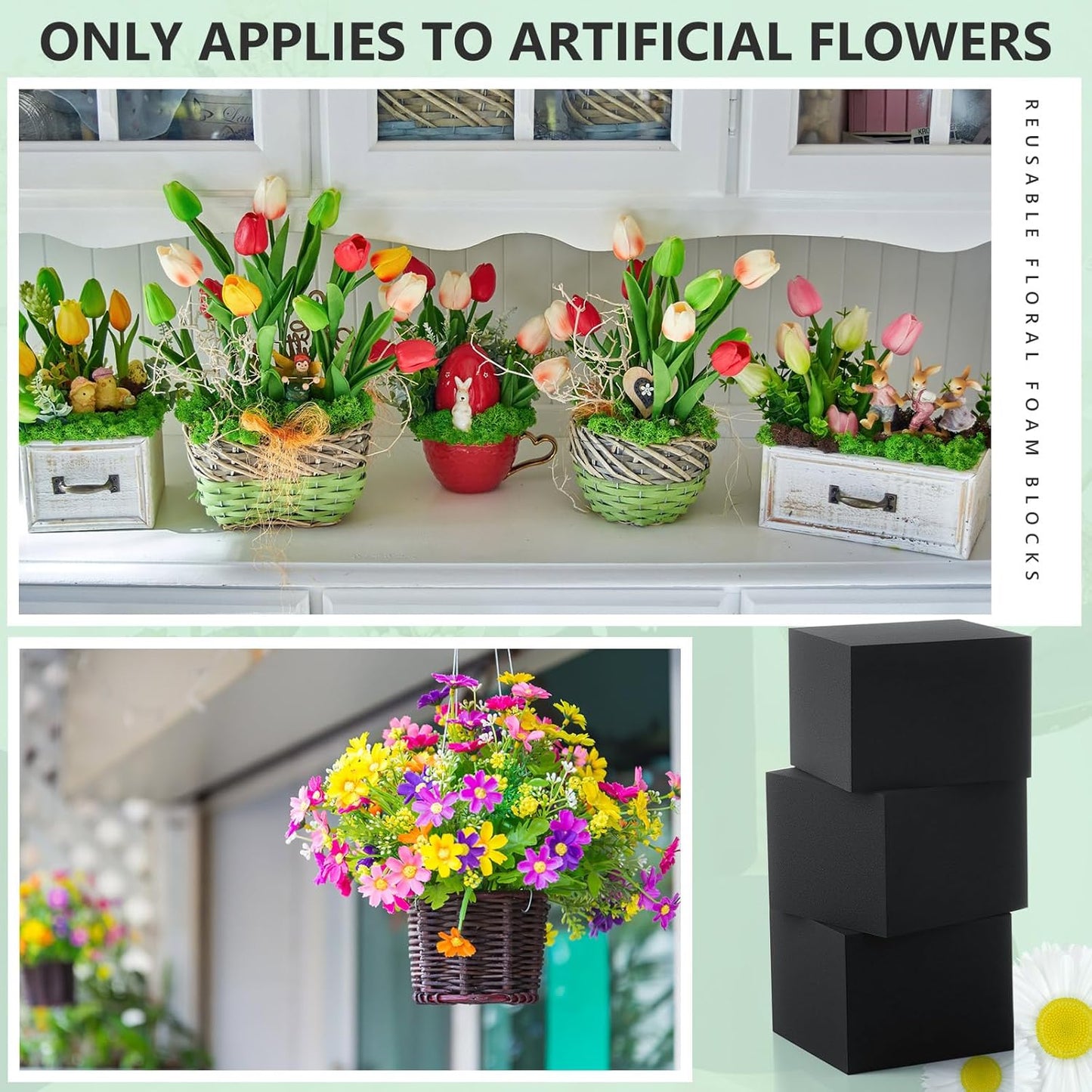 Lallisa 8 Pcs Reusable Floral Foam Blocks Water Weather Resistant Dry Floral Foam for Artificial Flower Arrangements Outdoor Flower Boxes Outside Hanging Planters Wedding Home Decor (4 x 4 x 3'')