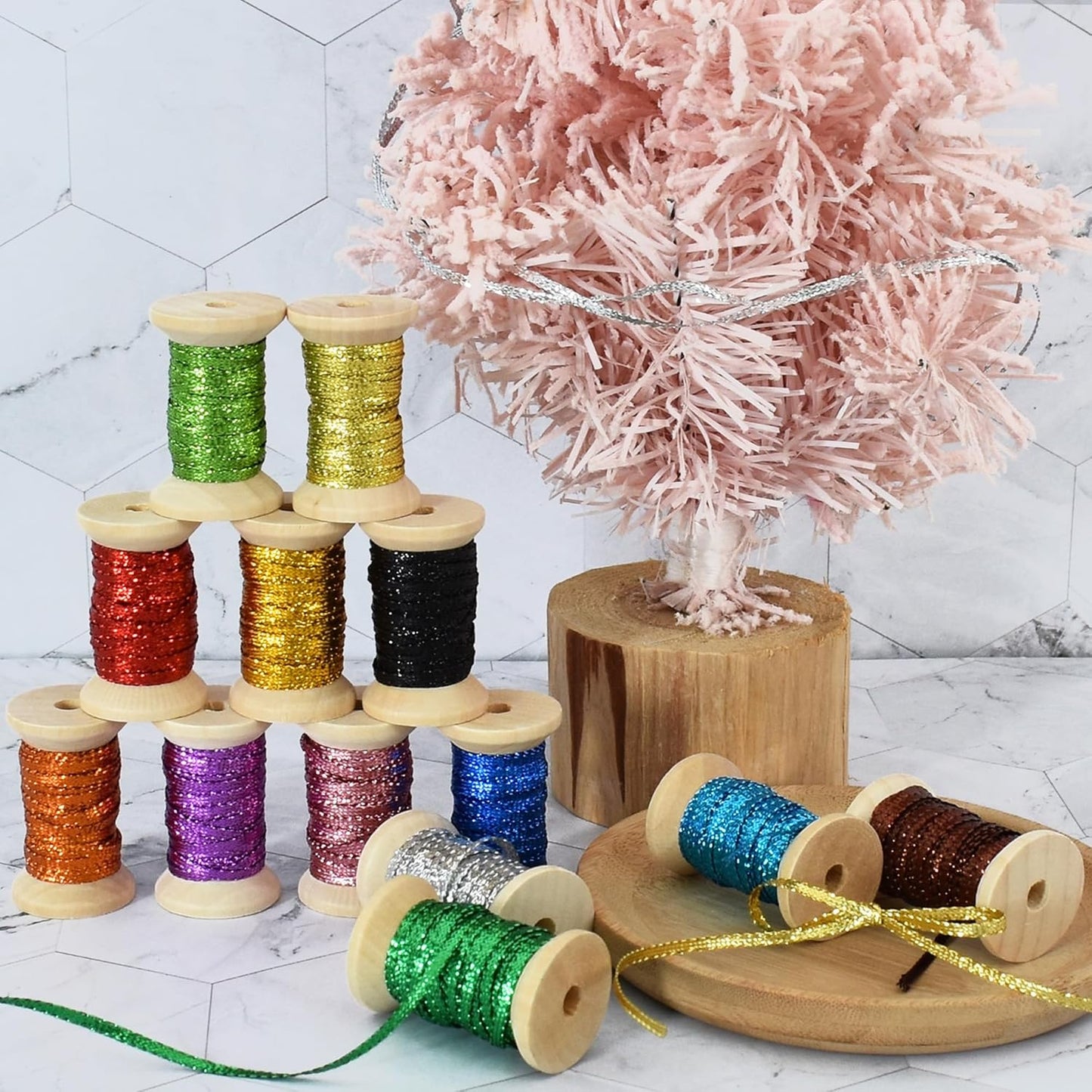 Rose Gold Thin Ribbon 1/8 inch Metallic Braided Double Faced Ribbons Curling Ribbons for Balloon String Crafts Gift Wrapping Party Wedding Christmas Ornaments Decoration 7 Yard x 3 Rolls