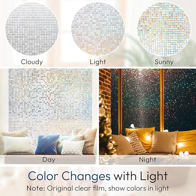 rabbitgoo Window Privacy Film Stained Glass Window Film, Mosaic Rainbow Decorative Glass Cling, Removable Static Cling Tint UV Blocking, Non-Adhesive Privacy Covering for Home, 17.5 x 118.1 inches