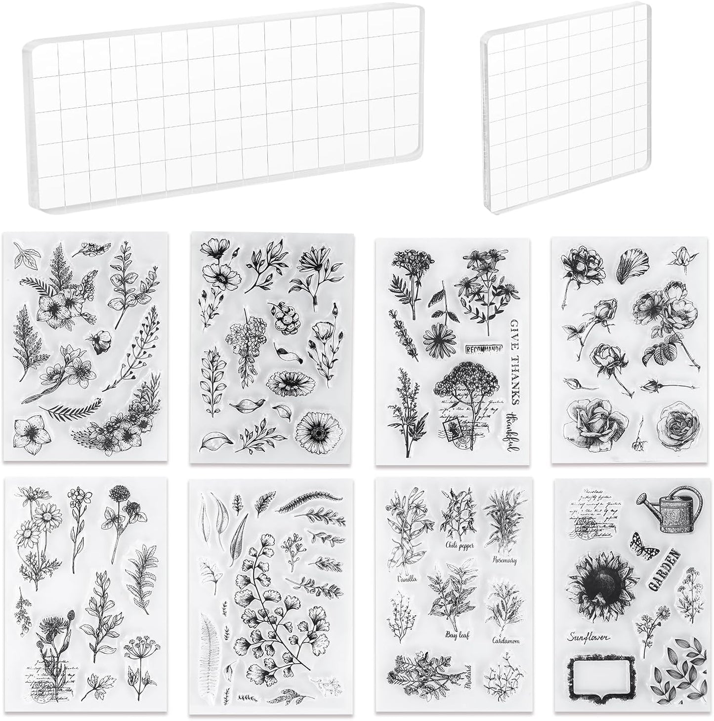 UCEC 8 Sheets Clear Stamps Set, 2 PCS Acrylic Stamp Block (15*5cm & 7.5*7.5cm), Vintage Plants Flower Rubber Silicone Stamps, Scrapbook Clear Stamp for Card Making & DIY Christmas Crafts Decoration