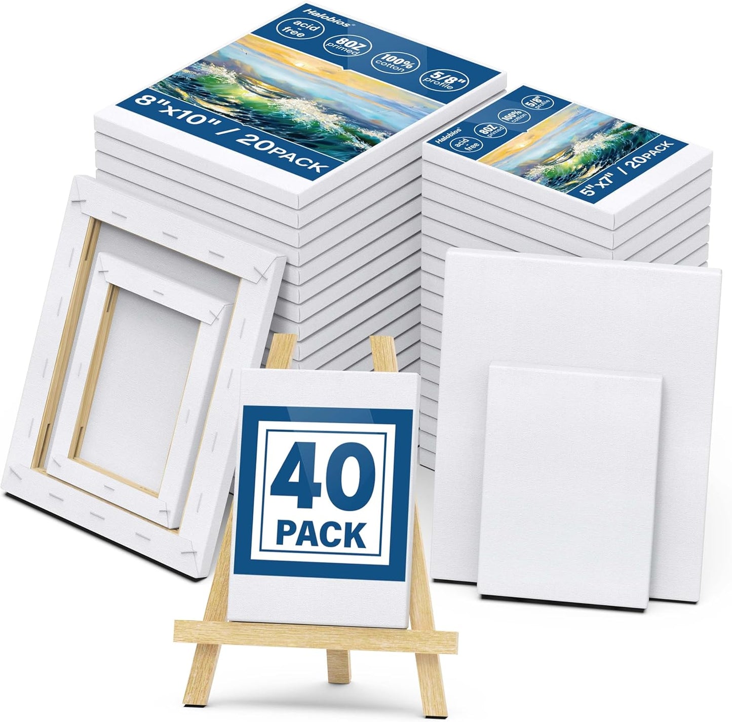 Blank Canvas for Painting, Bulk Pack of 40-8x10 inches, 5x7inch(20 of Each), 100% Cotton, Primed, 5/8 Inch Profile of Super Value Canvas Pack for Acrylics, Oils & Other Painting Media