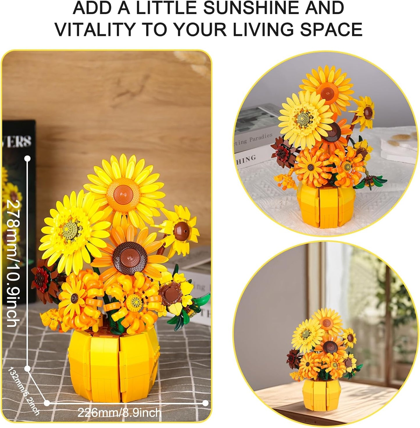 Sunflower Building Blocks Set for Adults, Van Gogh Art Botanical Collection, Sunflower Pot Kits Compatible with Lego Flowers, Gifts for Mother's Day Christmas Birthday (1009PCS)