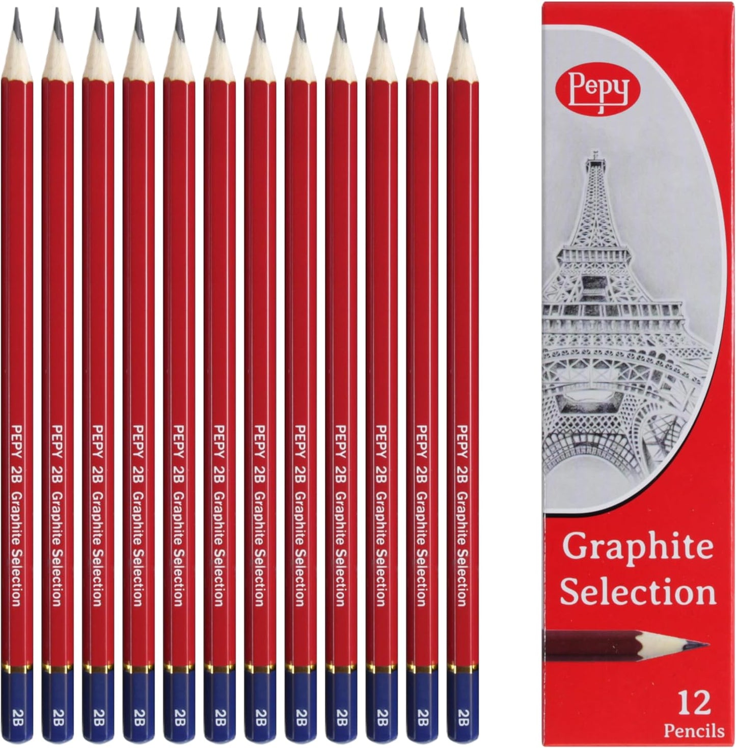Pepy Graphite Professional Drawing Pencils - Set of 12 2B Pre-Sharpened Black Lead Pencils; Perfect for Drawing, Sketching and Shading, Graphic and Fine Art