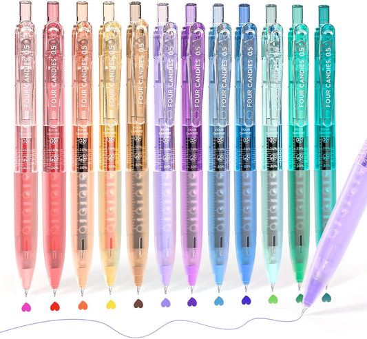 Four Candies 12Pack 0.5mm Quick Dry Retractable Gel Pen Set, Cute Transparent Fine Point Multicolor Note Taking Aesthetic lnk Pens, Comfort Grip 12 Ink Colors Drawing Writing School Office Home