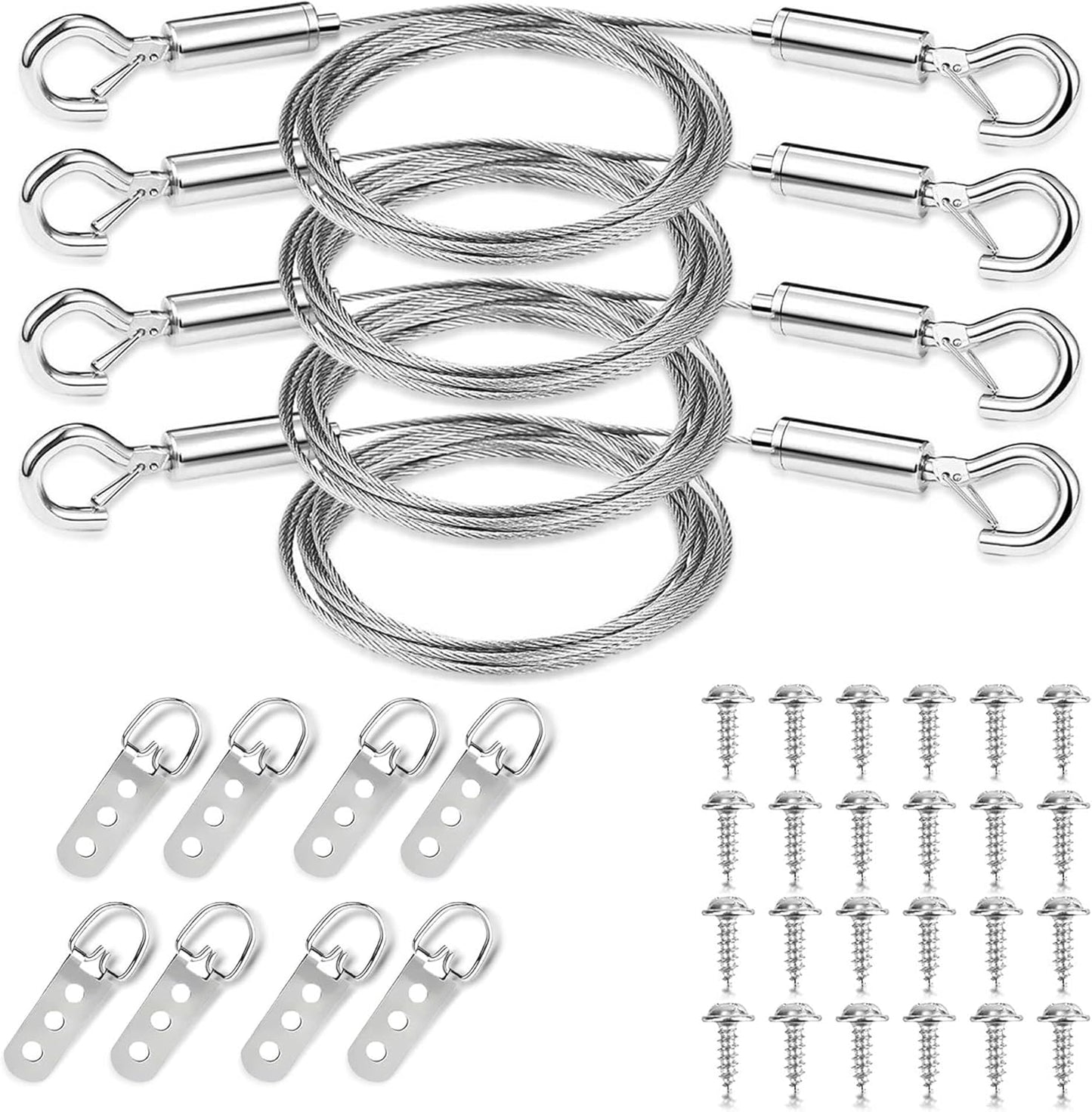 Picture Hanging Kit for Frames & Mirrors - Picture Hanging Wire Kit, 4 pcs Adjustable Wire 2 m (6.56 ft) x 1 mm with Clips, 50 lb; 8 3-Hole D-Ring Hangers; Braided Heavy Duty Cord; Wall Hardware, Art