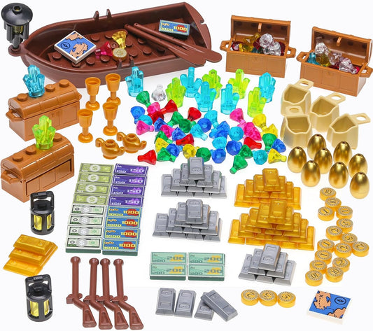 220 Pcs Pirate Treasure Money Parts Building Blocks, Expedition Wooden Boats Treasure-Maps, Cash Chests with Gold Nuggets, Pretend Play Dollar for Friends City Farm Series Bricks