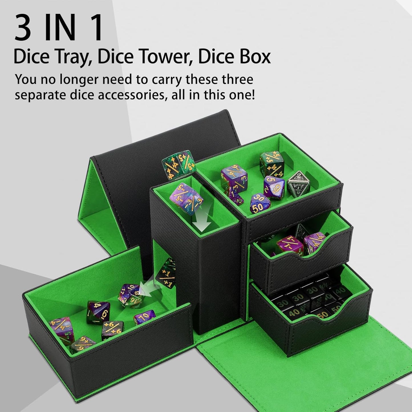 Dice Tower & Tray Storage Box, 3 in 1 Dice Holder Case (Rolling Tower Dice Storage Drawers, Rolling Tray), Leather Magnetic Closure DND Accessories Gifts for RPG MTG, Black/Green
