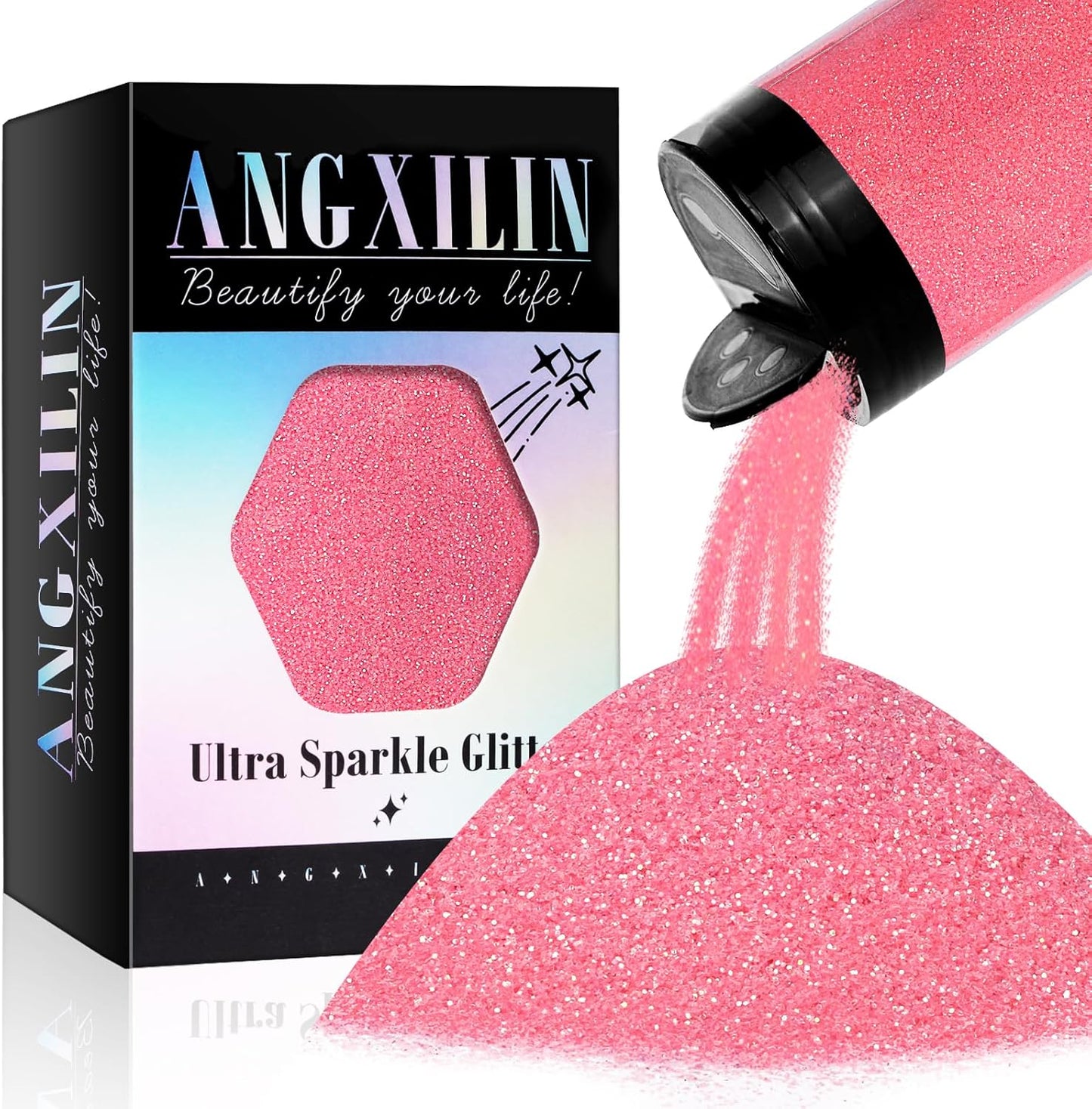 High Capacity 260g Iridescent Fine Glitter Shaker Bottle for Epoxy Resin DIY Craft, Rainbow Nail Art Face Body Tumbler Making (IRI Pink)