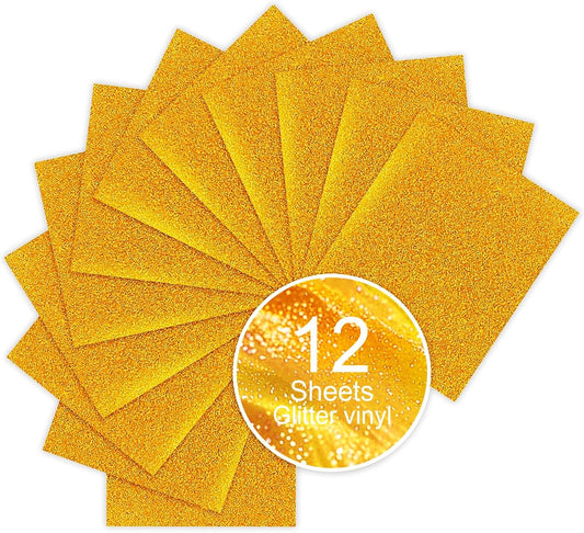 Gold Glitter HTV Sparkly Heat Transfer Vinyl – 12 Pcs 12x10Inch Iron-On Vinyl Sheets for T‑Shirts & DIY Craft Gifts, Easy to Cut & Weed, No‑Flake & Washable, Work with All Cutter Machines