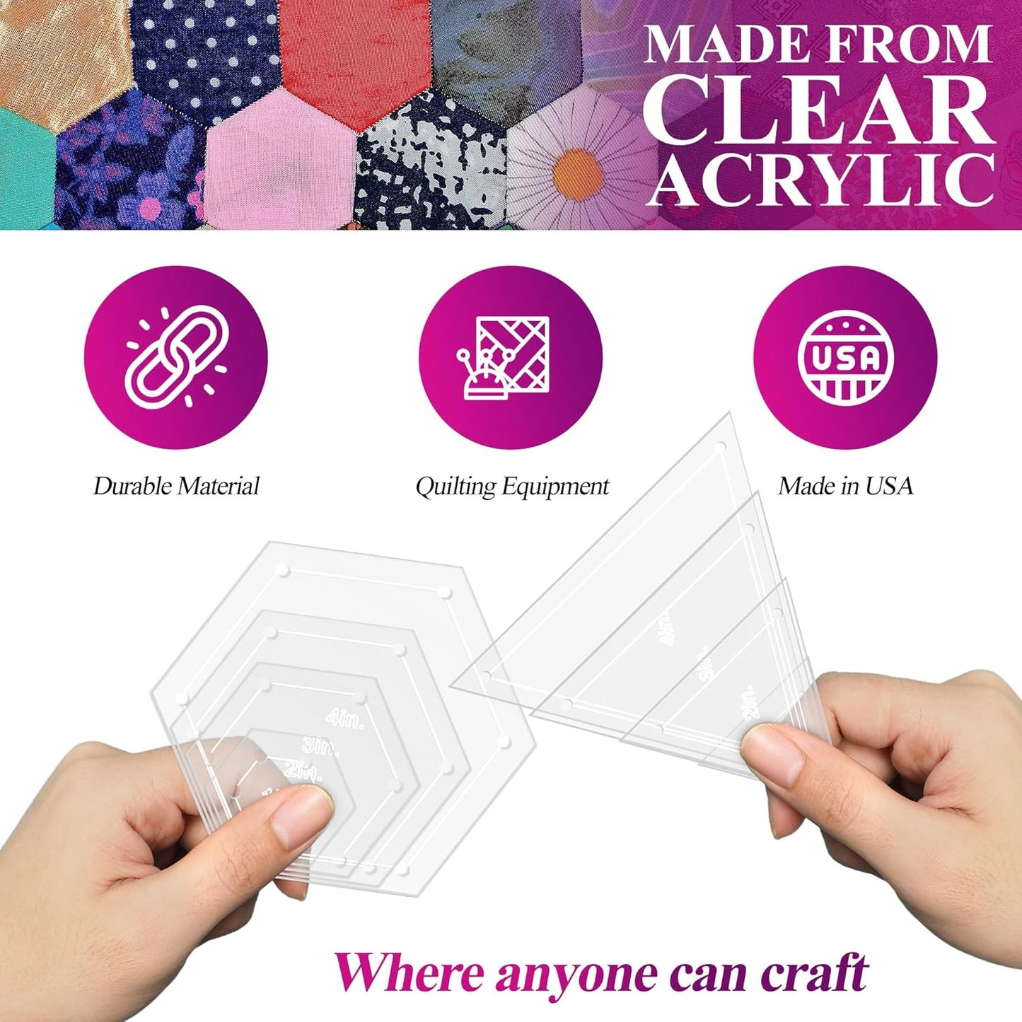 Quilting Acrylic Template Set | Precision Tools for Quilting Enthusiasts | Hexagon & Triangle Design | Includes Sizes 4", 3", 2", 1" | 1/8 Clear Acrylic | 1/4" Seam Allowance for Accuracy