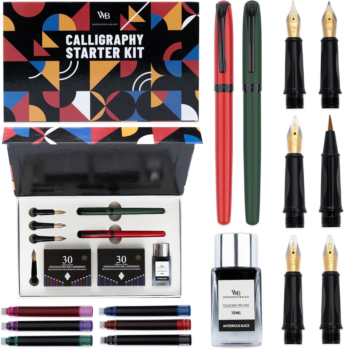 Wordsworth and Black Calligraphy Pen Set - Green - Includes 2 Calligraphy Pens, 18 ML Ink Bottle, 60 Ink Cartridges, Ink Refill Converter, 1 Medium and 4 Broad Nibs, Brush Pen