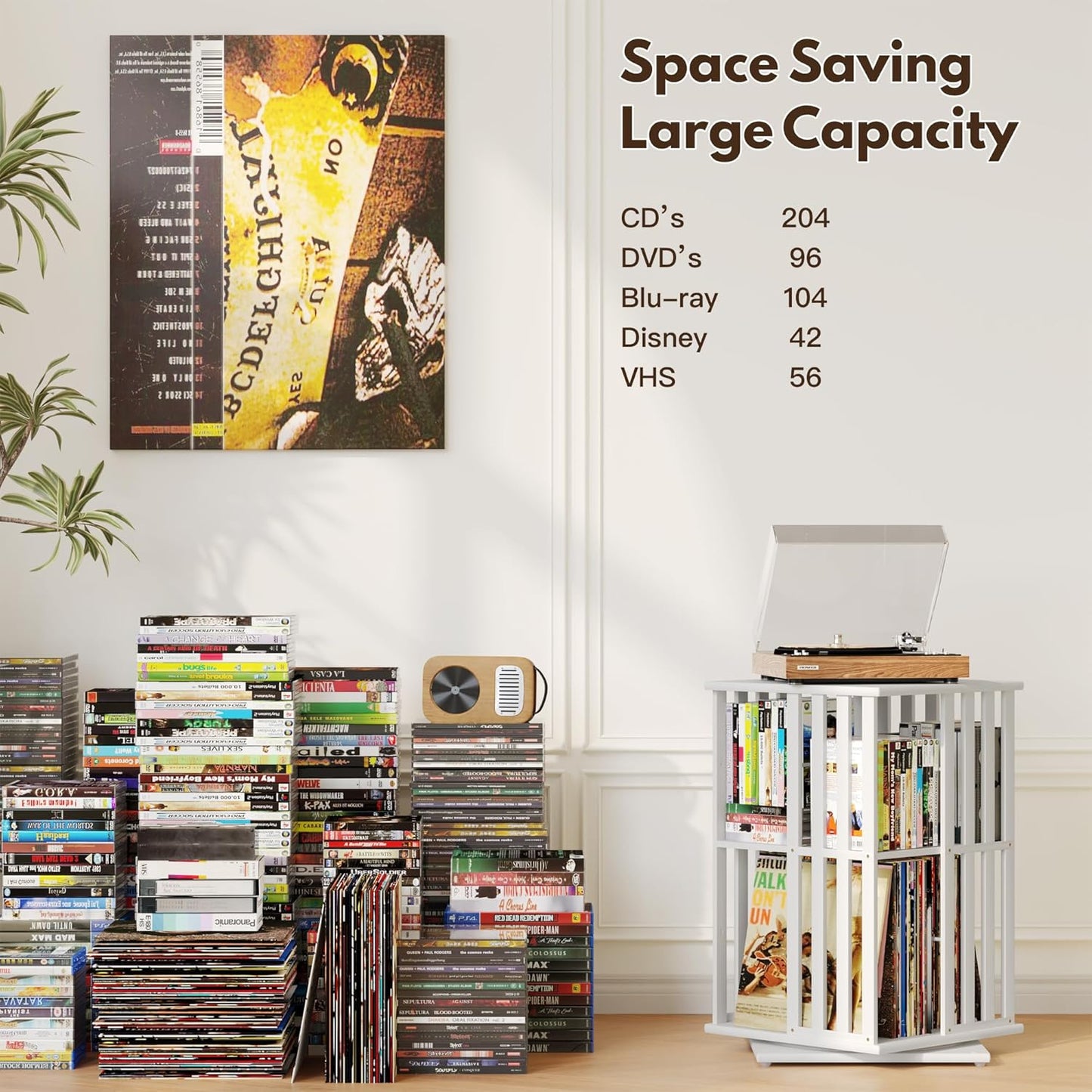 XIMN 360° Rotating Bamboo CD/DVD Shelf - 6-Tier Space-Saving Media Storage Cabinet for Movies, Organizer with Super Compact Design (White, 2 Tier)