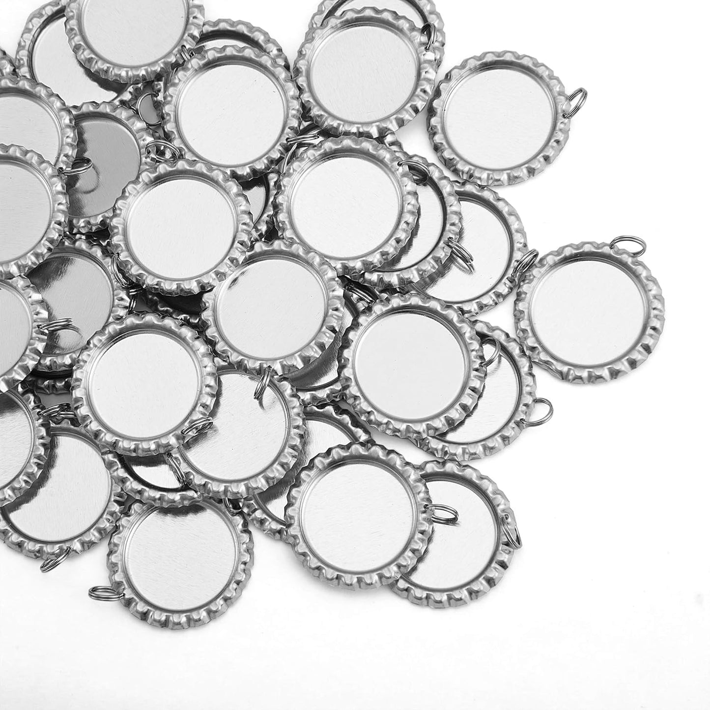 Silver Color Flat Bottle Caps with Holes and Rings – 1 Inch Aluminum Bottle Cap Pendants for DIY Jewelry, Crafts, Keychains – 50 PCS