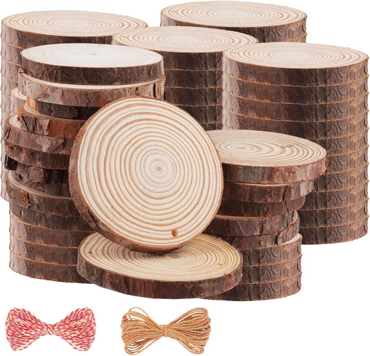 60 Pieces Wood Slices with Hole, 3.5-4 Inch Unfinished Round Wooden Circles with Bark for DIY Crafts, Wedding Centerpieces