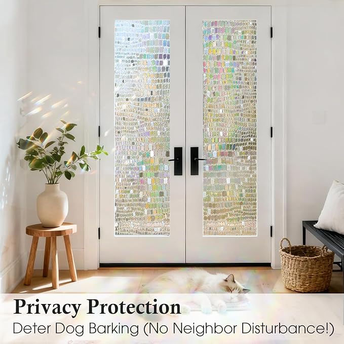 Windimiley Rainbow Window Privacy Film, 3D Stained Glass Christmas Decorative Window Clings, UV Heat Blocking Holographic Prism Stickers for Home(11.8 x 78.7In,Pure)