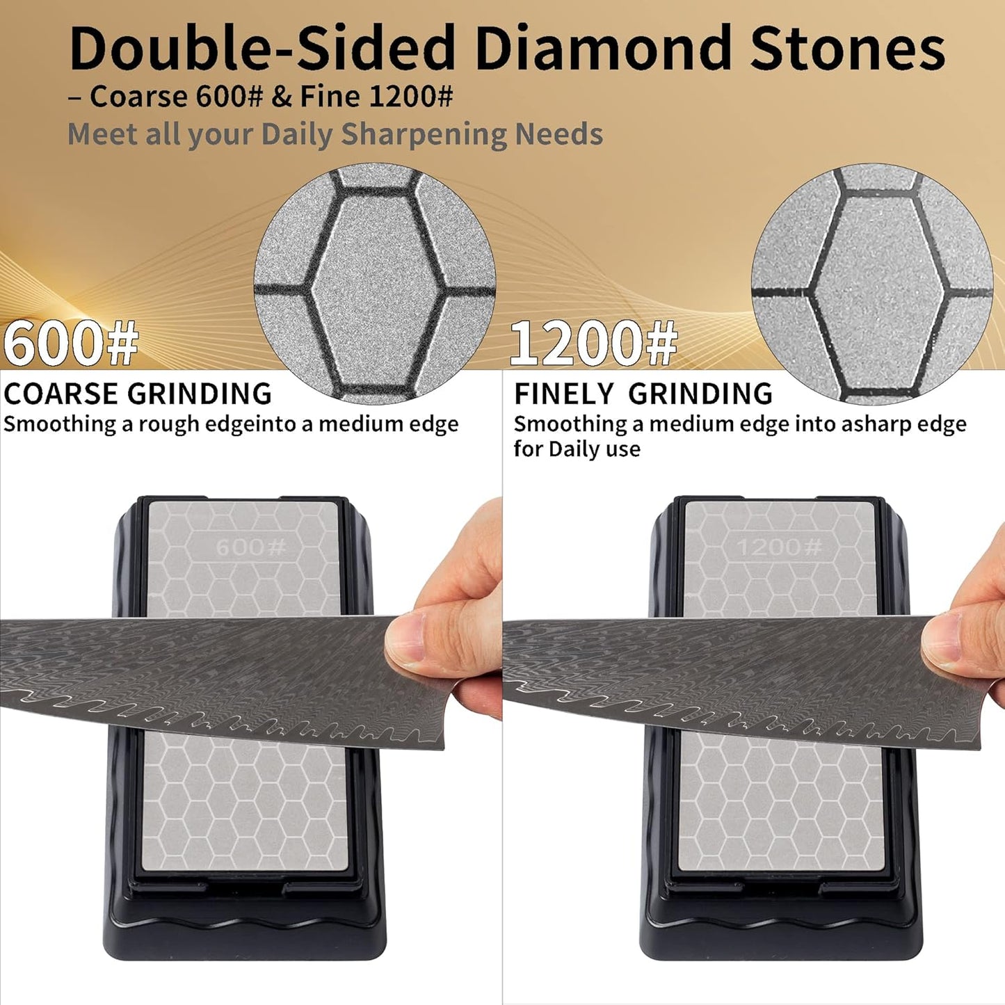 CWOVRS Diamond Knife Sharpening Stone Double-Sided, Diamond Sharpening Plate Honeycomb Surface Plate with Non-Slip Base for Scissors Knives Outdoor Kitchen Sharpen Tools Coarse 600# / Extra Fine 1200#