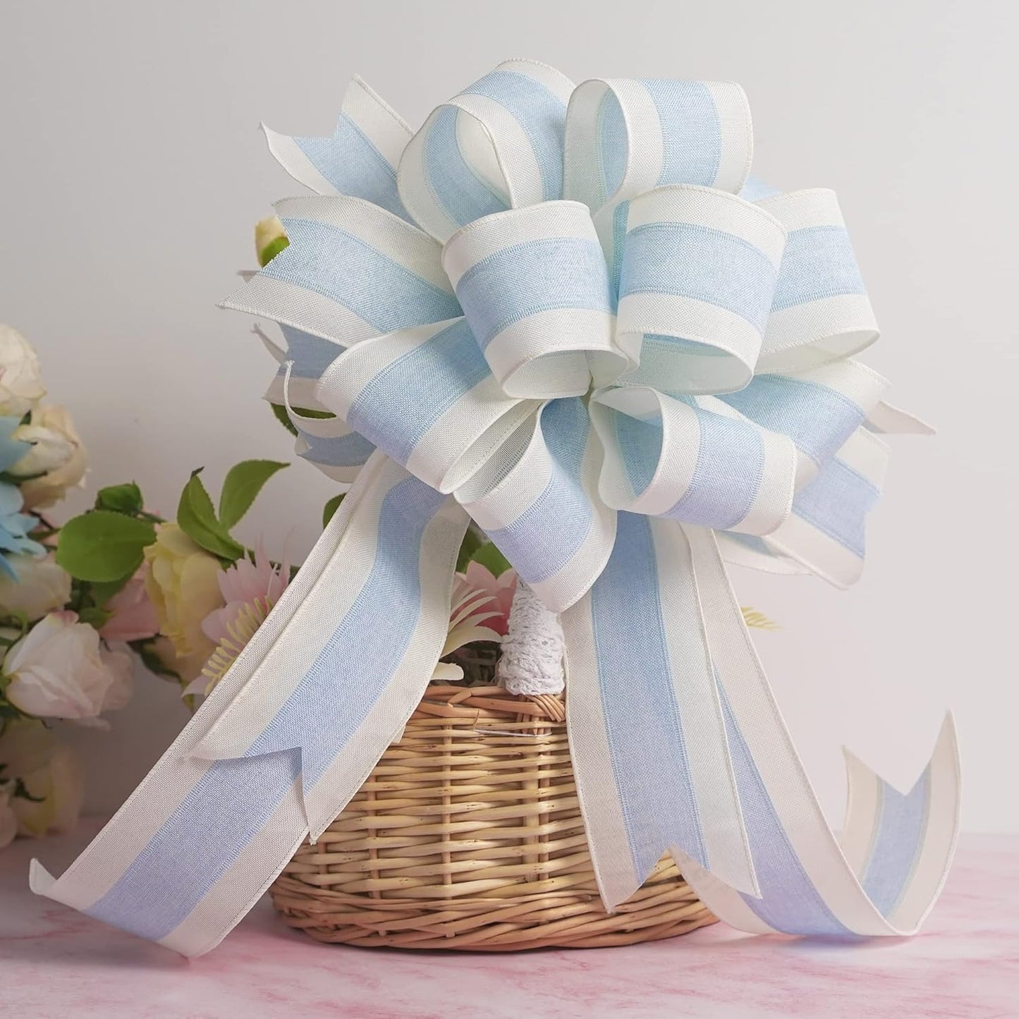 MEEDEE Blue and White Stripe Ribbon Wired Ribbon 2.5 Inch Light Blue Burlap Ribbon with Ivory Stripe Edge Wreath Supplies, Baby Shower Decorations, Crafts Bow Making (10 Yards)
