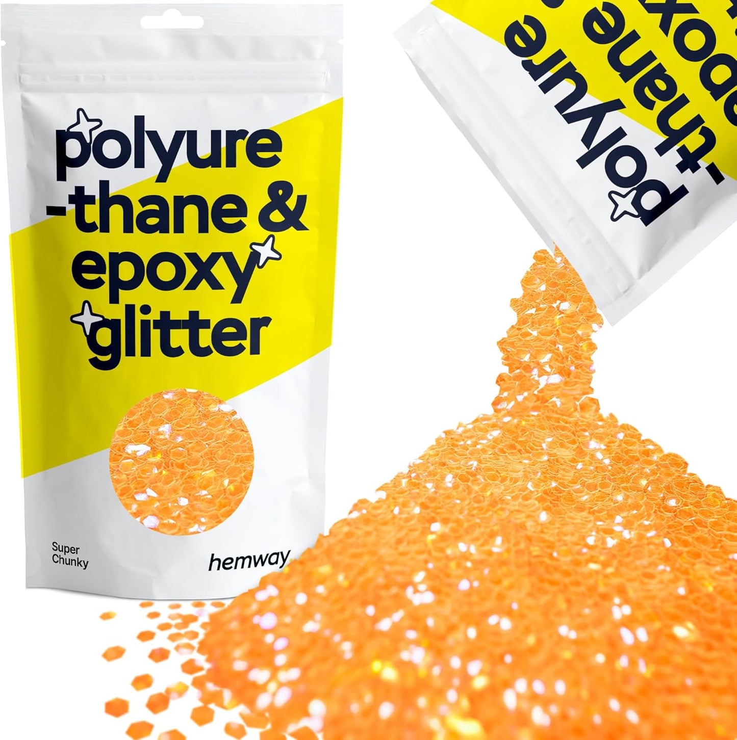 Hemway Polyurethane & Epoxy Resin Glitter 100g / 3.5oz Metallic Crystal Flake Additive for Flooring Jewelry Tumblers Glass Pigment - Super Chunky (1/8" 0.125" 3mm) - Fluorescent Orange