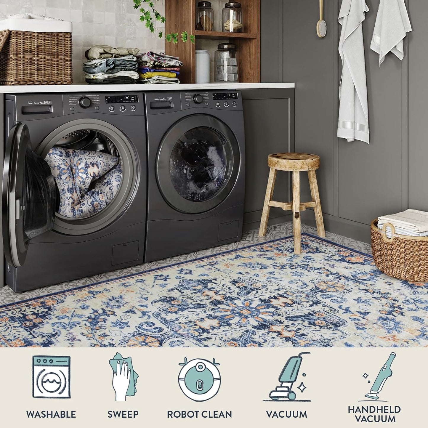 Lahome Large Area Rug 5x7 Washable Bohemian Rug for Bedroom Living Room, Medallion Non Slip Non Shedding Low Pile Printed Accent Indoor Floor Carpet for Dining Room Office Playroom, Blue Purple/Multi