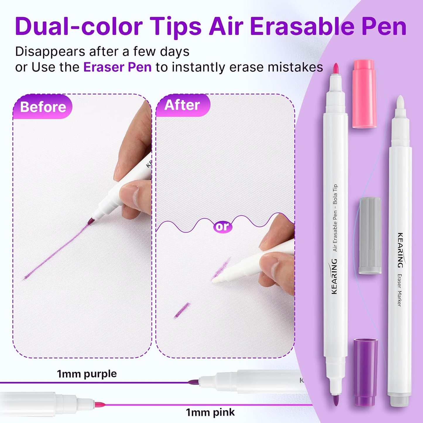 Fabric Markers for Sewing, 5 Count Pack, Includes 2 Water Soluble Fabric Marker 2 Air Erasable Pens 1 Eraser Marker, Disappearing Ink Pen, Sewing Quilting Embroidery Supplies