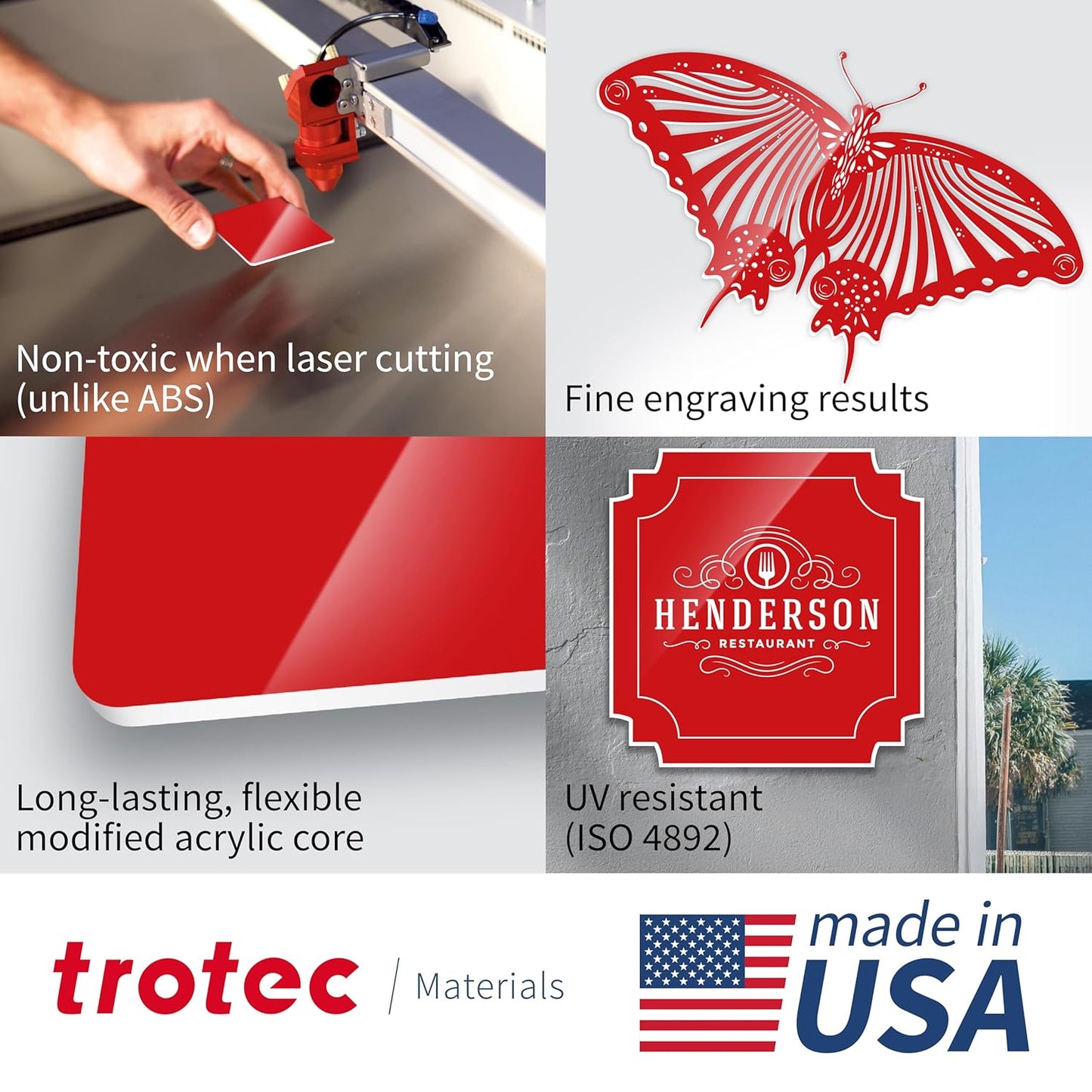 Trotec TroLase | 12"x12"x1/16", 8 Pcs | Gloss Red/White | 2 Ply | Modified Acrylic | Laser Engraving Double Color Plastic Sheet | Engraving Blanks for Laser, Saw, Guillotine | Made in USA