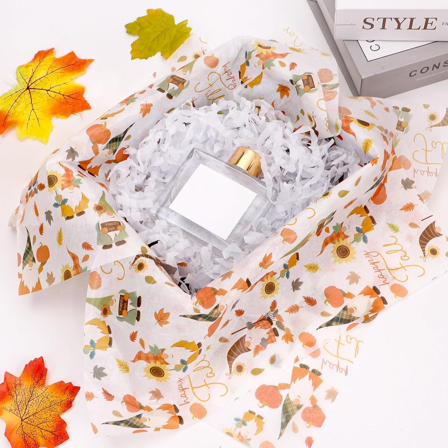 Azurestore 60 Sheets Fall Tissue Paper, Orange Gnomes Patterns Gift Tissue Paper for Gift Bags & Gifts Wrapping, Pumpkin Leaves Print Art Packaging for Autumn Harvest Thanksgiving Party Decor Craft