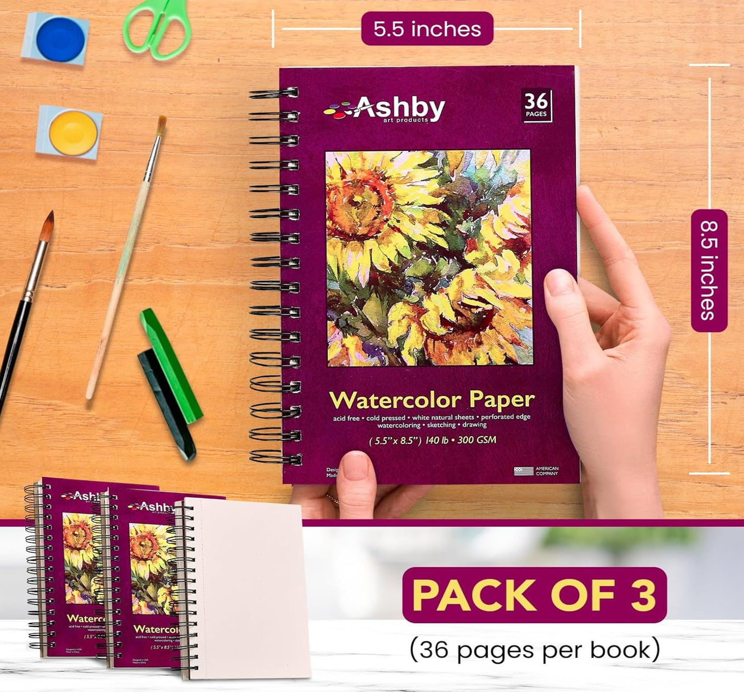 Ashby - Watercolor Paper Pads (5.5" x 8.5") - Pack of 3 (108 Total Sheets) - 140lb (300 GSM) Spiral Bound Notebook, Acid-Free, Cold Press - Ideal for Most Wet & Dry Media, Journaling and Drawing