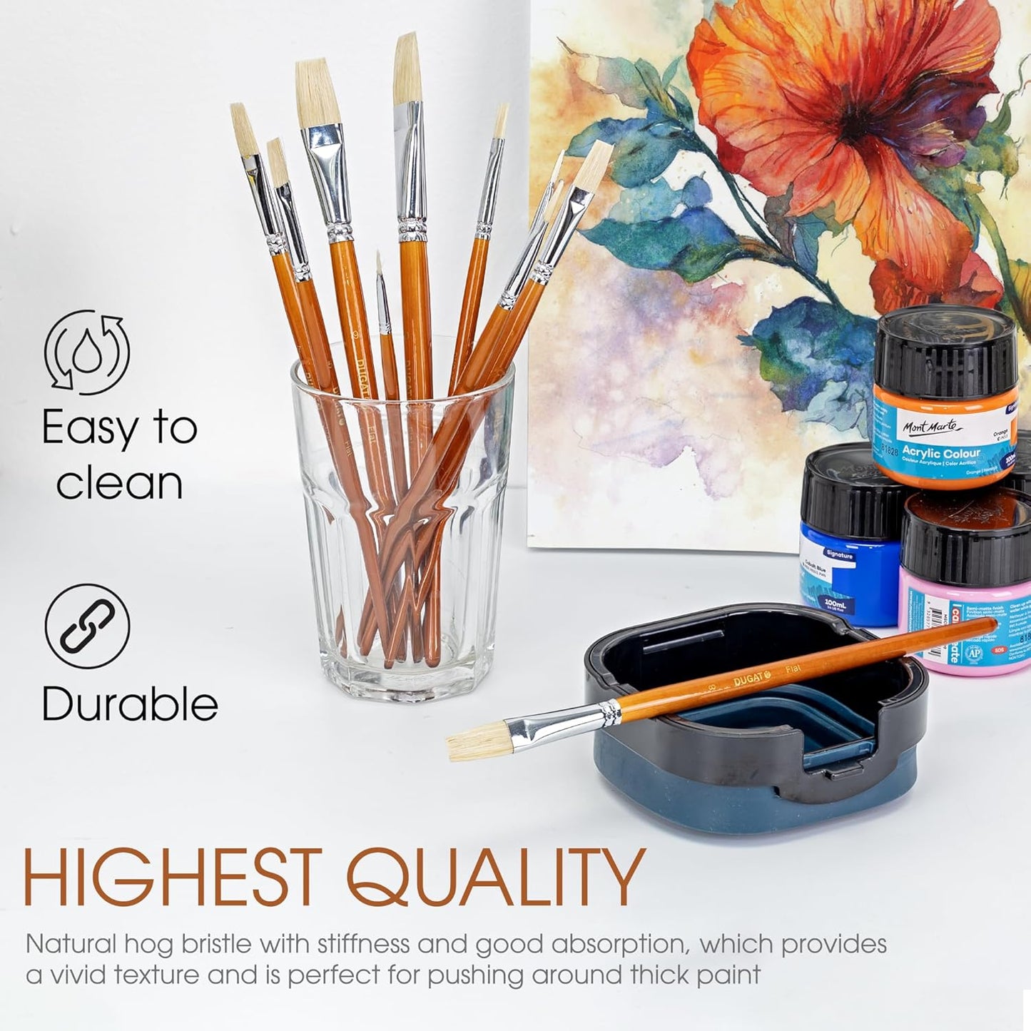 DUGATO 10pc Flat Hog Bristle Paint Brush Set - Short Handle Artist Brushes for Acrylic, Oil, Gouache, Watercolor - Canvas, Fabric & Craft Painting