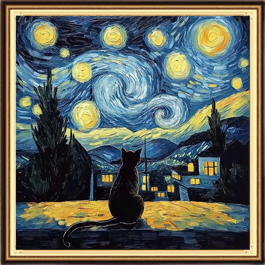 Dimensean Stamped Cross Stitch Kits Full Range of Embroidery Patterns Starter Kits for Beginners Adult or Kids DIY Cross Stitches Needlepoint Kits 11CT-Van Gogh Starry Cat 18x18 inch