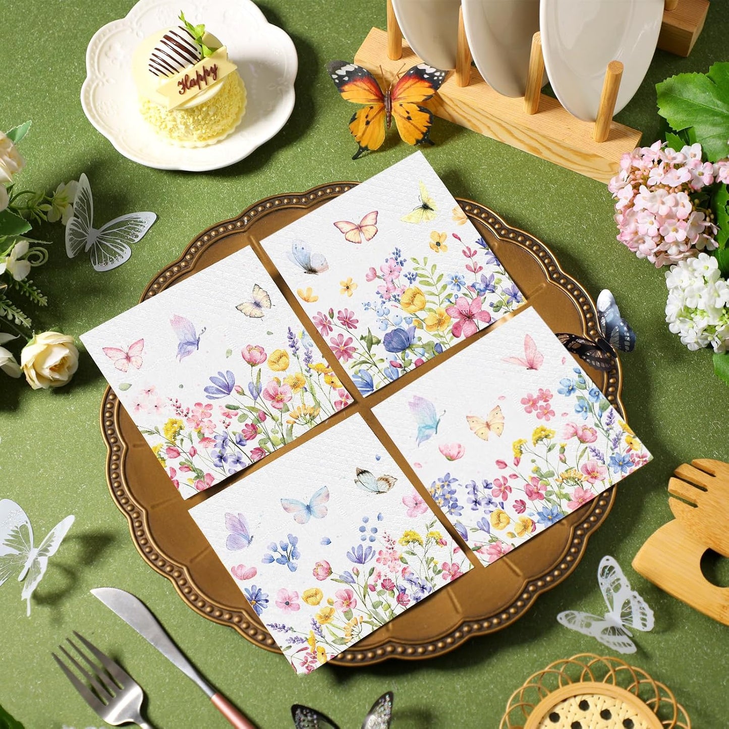 Fulmoon 200 Pieces Summer Floral Cocktail Napkins Disposable Wildflower Dessert Paper Napkins Bulk Flower Decoupage Beverage Towel for Summer Tea Party Dinner Decorative