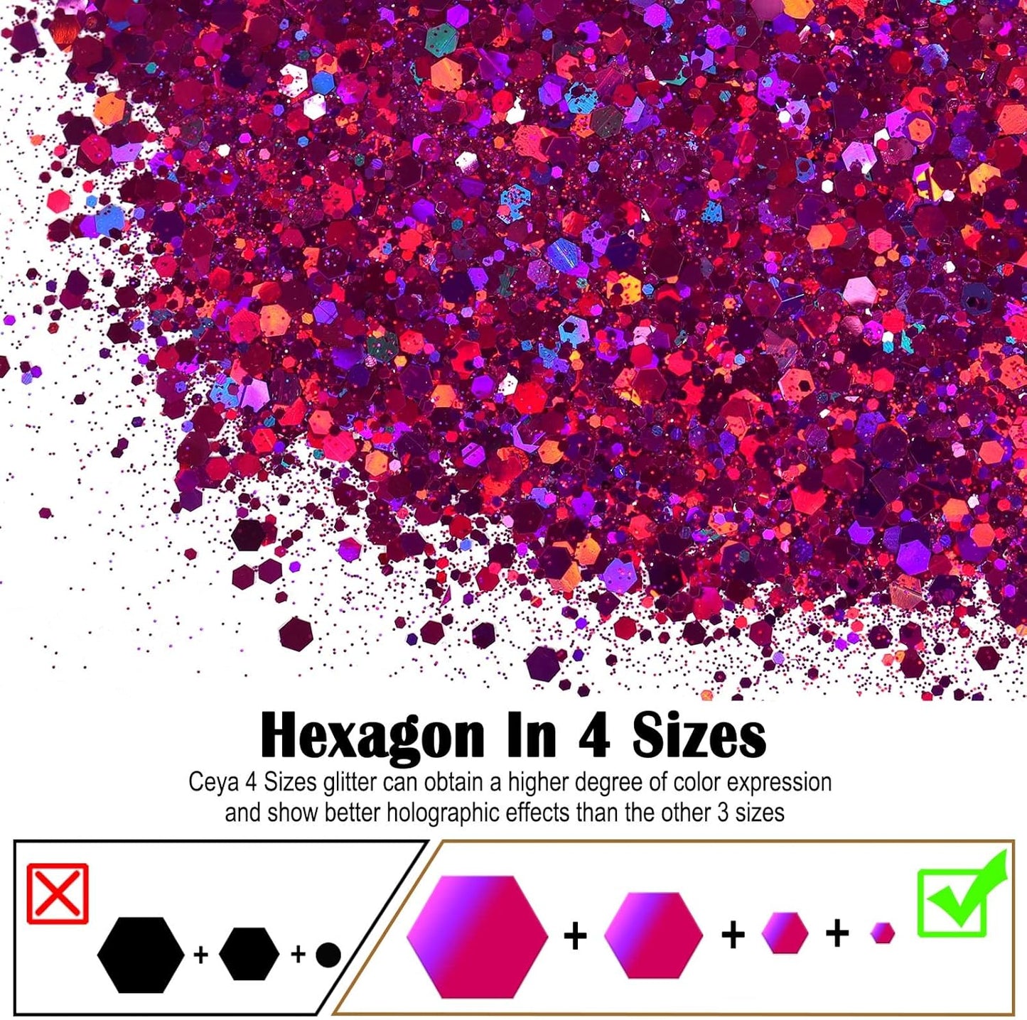 Ceya Holographic Chunky Glitter 4.9oz/ 140g Rose Red Craft Glitter Powder Mixed Chunky Fine Flakes Iridescent Nail Sequins Fe for Nail Art, Hair, Epoxy Resin, Tumblers, Slime, Painting, Festival Decor