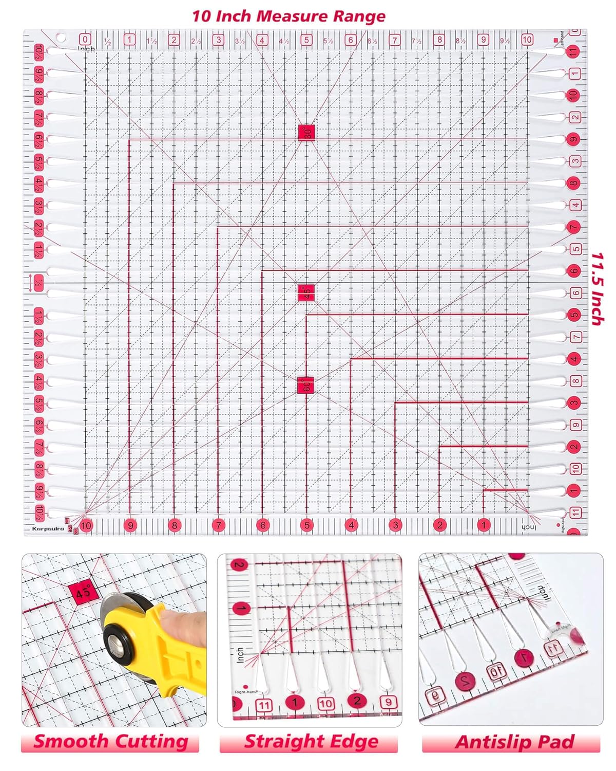Quilting Ruler for Precise Fabric Cutting 11.5" x 10.5" Quilt Rulers Quilting Sewing Tools Slotted Rulers for Accurate Measurements and Easy Cutting Fabrics Pink