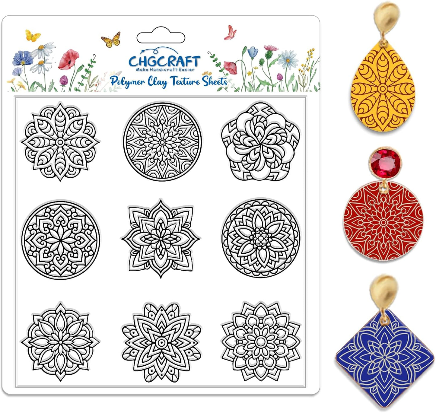 CHGCRAFT Bohemian Round Pattern Polymer Clay Texture Sheets Mandala Pattern Silicone Texture Stamp Single Image Modeling Pattern Pad for Jewelry and Clay Earrings Tools, 5.5x5.5 inch