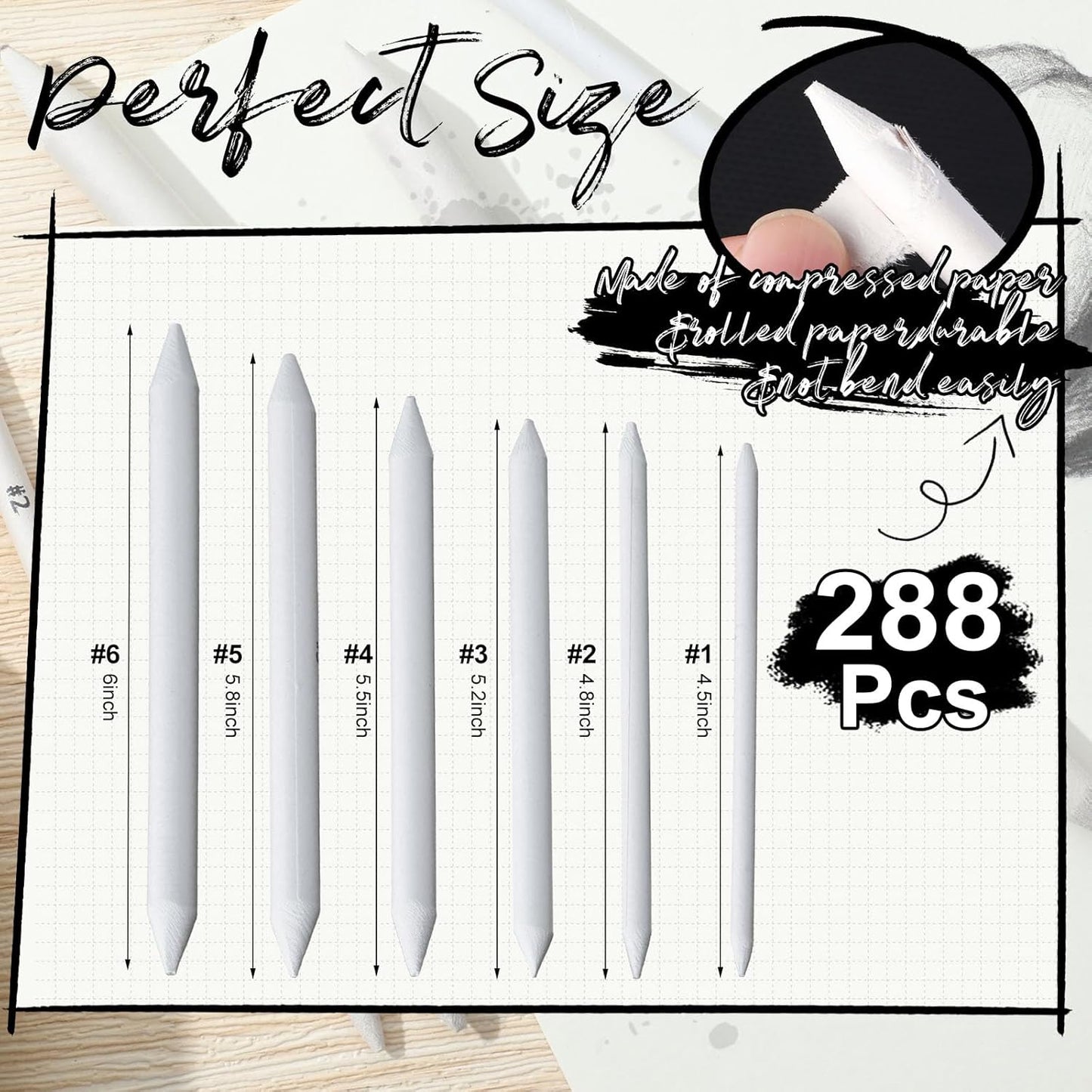 Fulmoon 288 Pcs Blending Stump and Tortillion Set Paper Art Blenders Blend Stumps for Drawing Shading Drawing Supplies Pencil Sketch Paint Tools for Student(Blending Stump,#1, #2, #3, #4, #5, #6)