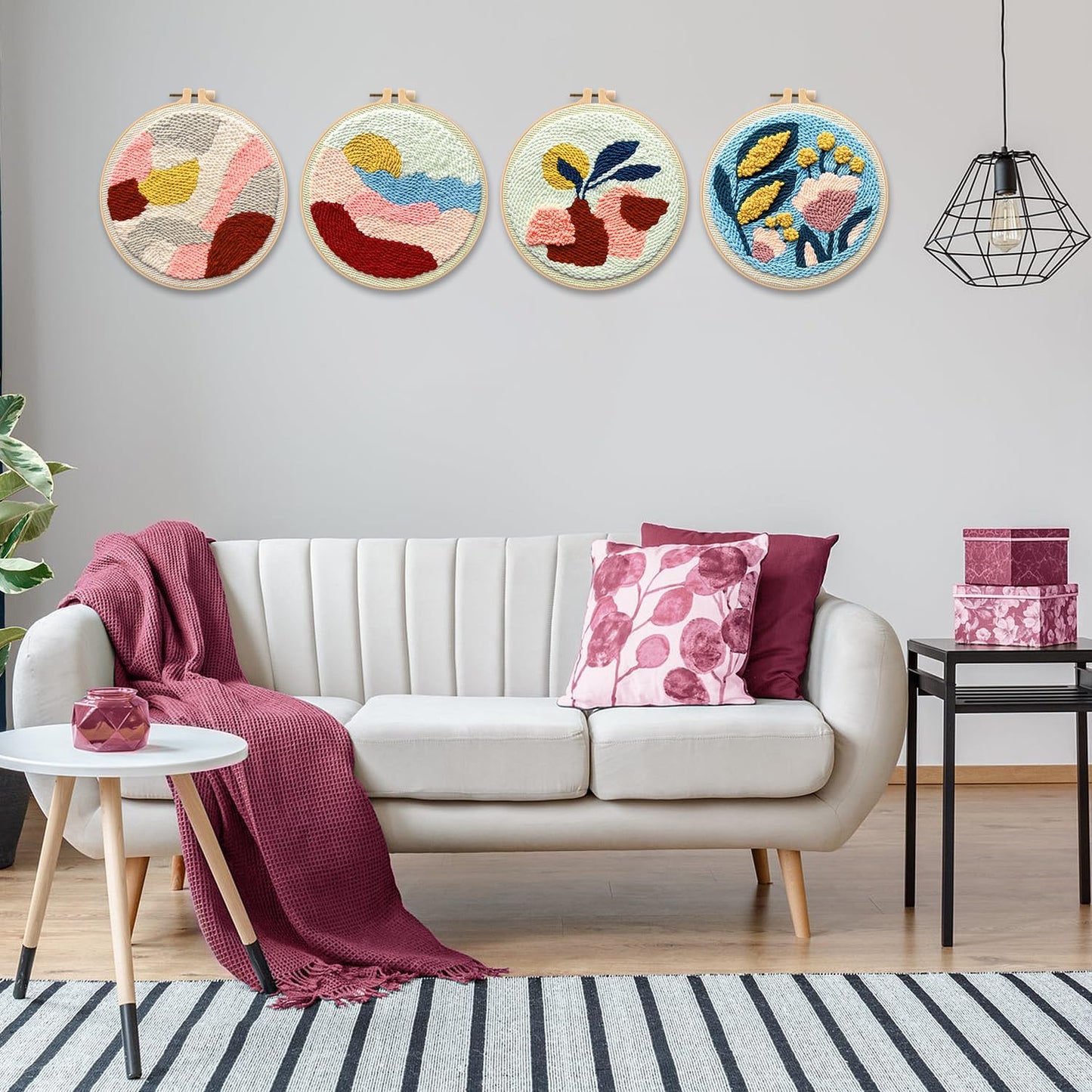 Anidaroel 4 Sets Punch Needle Kit, Punch Needles Kits for Adults Beginner, Needle Punch Kit, Punch Needle Tool with Stamped Fabric, Hoops, Yarns and Sewing Needle